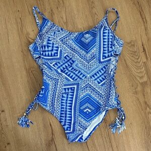 Design Lab - Blue Geometric One-Piece Swimsuit with side cut outs